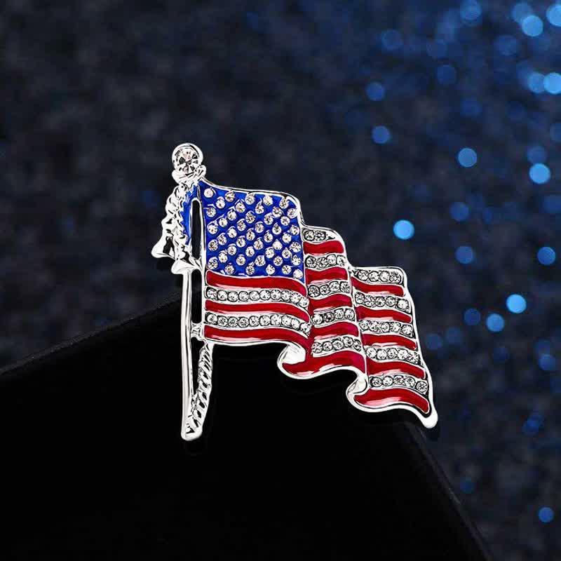 Patriotic American Flag Sparkling Rhinestone Brooch - Silver - image 0