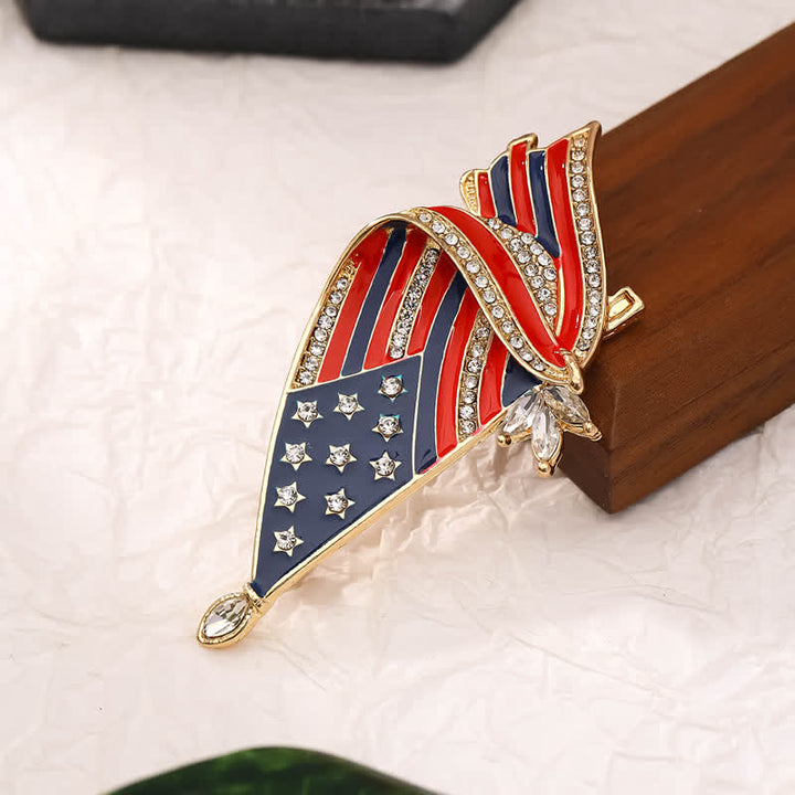 Enameled American Flag Rhinestone Patriotic Brooch - Gold - image 0