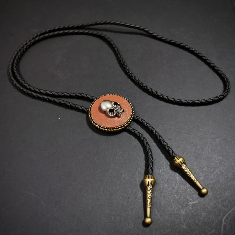 Round Shape Pendant 3D Skull Pattern Bolo Tie - Light Brown - image 4