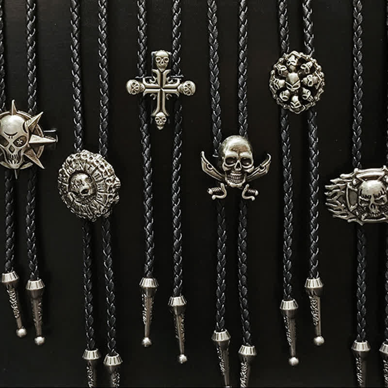 Punk Style Skull Head Silver Pendant Bolo Tie - image 1