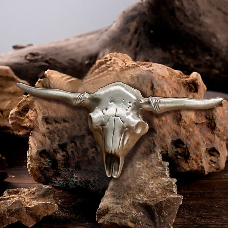 Men's DIY Cool Western Longhorn Bull Buckle Leather Belt - Antique Silver - Without Belt - image 0