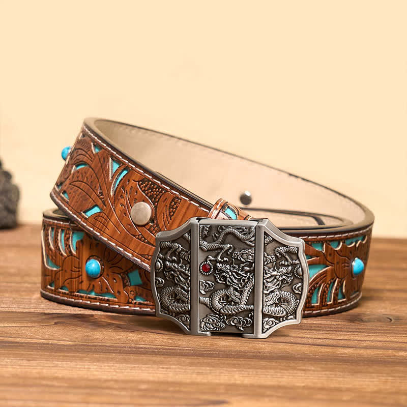 Men's DIY Antique Silver Dragon Leather Belt with Hidden Lighter - Dragon - Turquoise Carved Belt - 42 - image 6