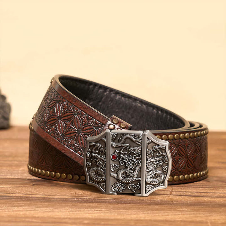 Men's DIY Antique Silver Dragon Leather Belt with Hidden Lighter - Dragon - Brown Rivet Belt - 42 - image 7