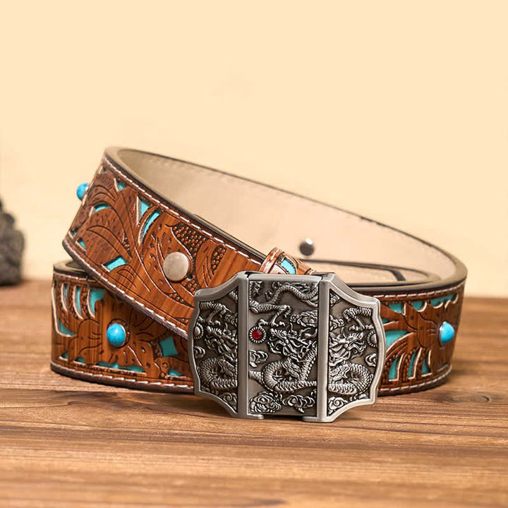 Men's DIY Antique Silver Dragon Leather Belt with Hidden Lighter - Dragon - Turquoise Carved Belt - 42 - image 6