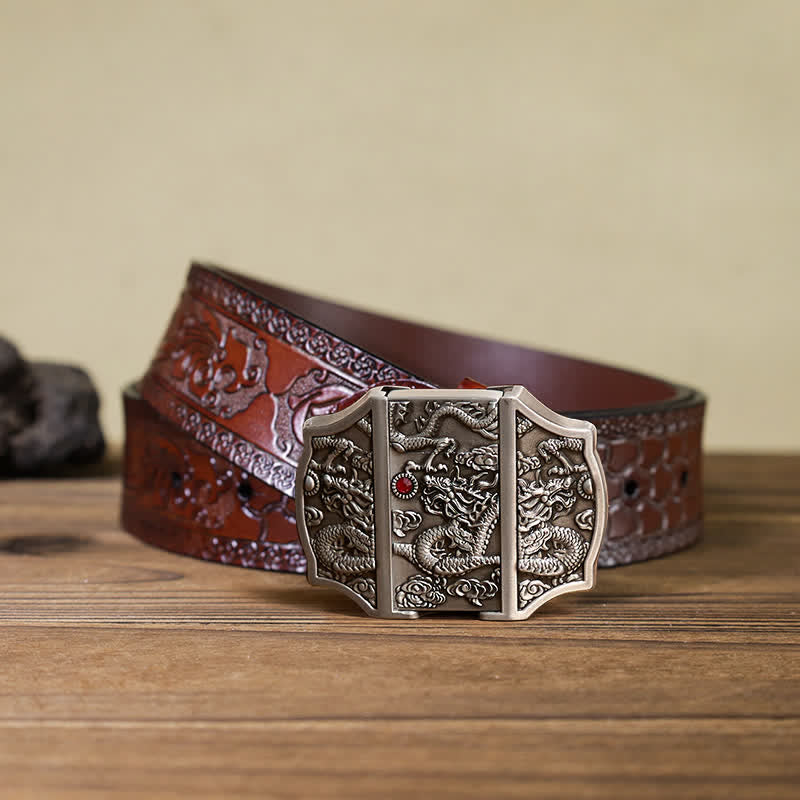 Men's DIY Antique Silver Dragon Leather Belt with Hidden Lighter - Dragon - Brown Carved Belt - 42 - image 9