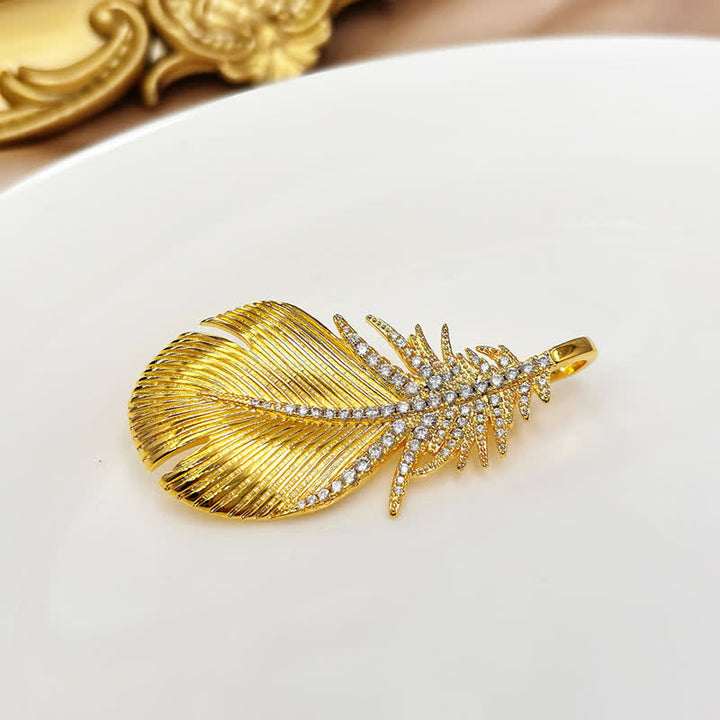 Women's Shiny Rhinestone Feather Pendant Brooch - Gold - image 7