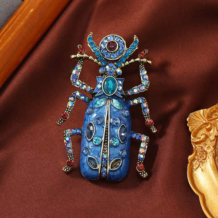Ancient Large Enamel Scarab Colored Crystal Brooch - Blue - image 3