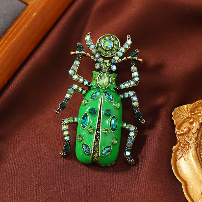 Ancient Large Enamel Scarab Colored Crystal Brooch - Green - image 6