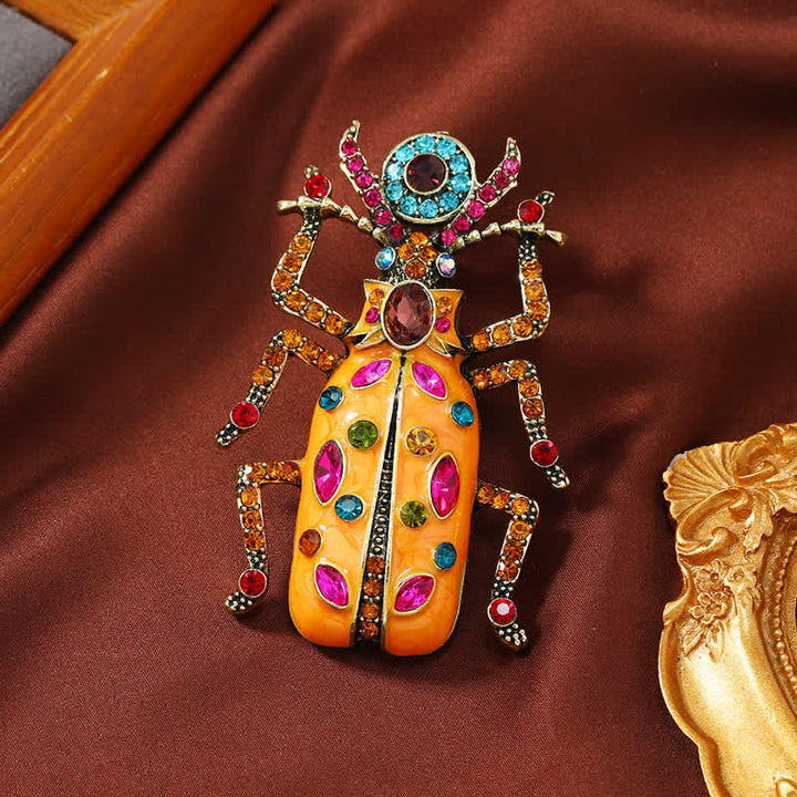 Ancient Large Enamel Scarab Colored Crystal Brooch - Orange - image 0