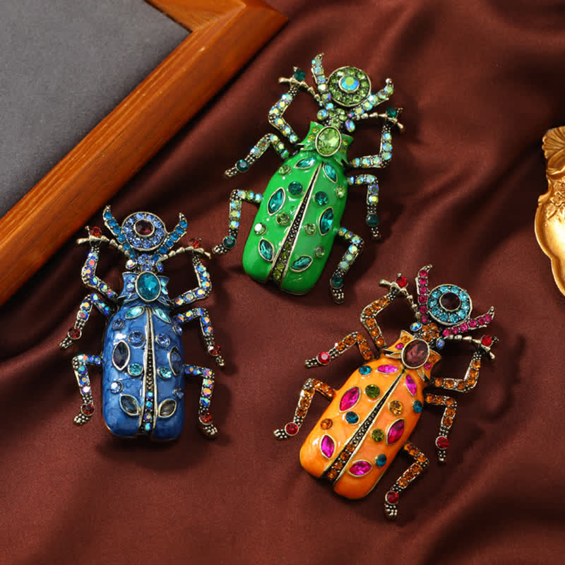 Ancient Large Enamel Scarab Colored Crystal Brooch - image 1
