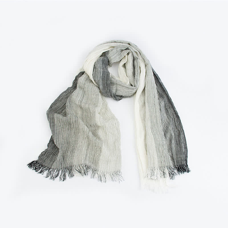 Striped Double Tone Wrinkled Cotton Thin Scarf - Black & White - image 7