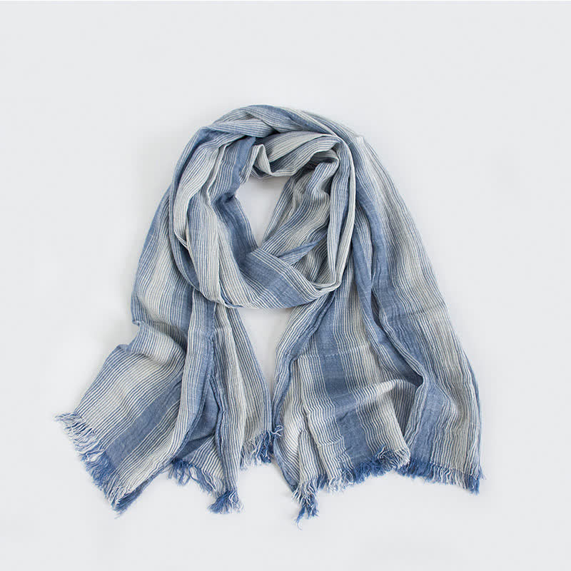 Pleated Vertical Stripes Two Tones Cotton Thin Scarf - Blue - image 6