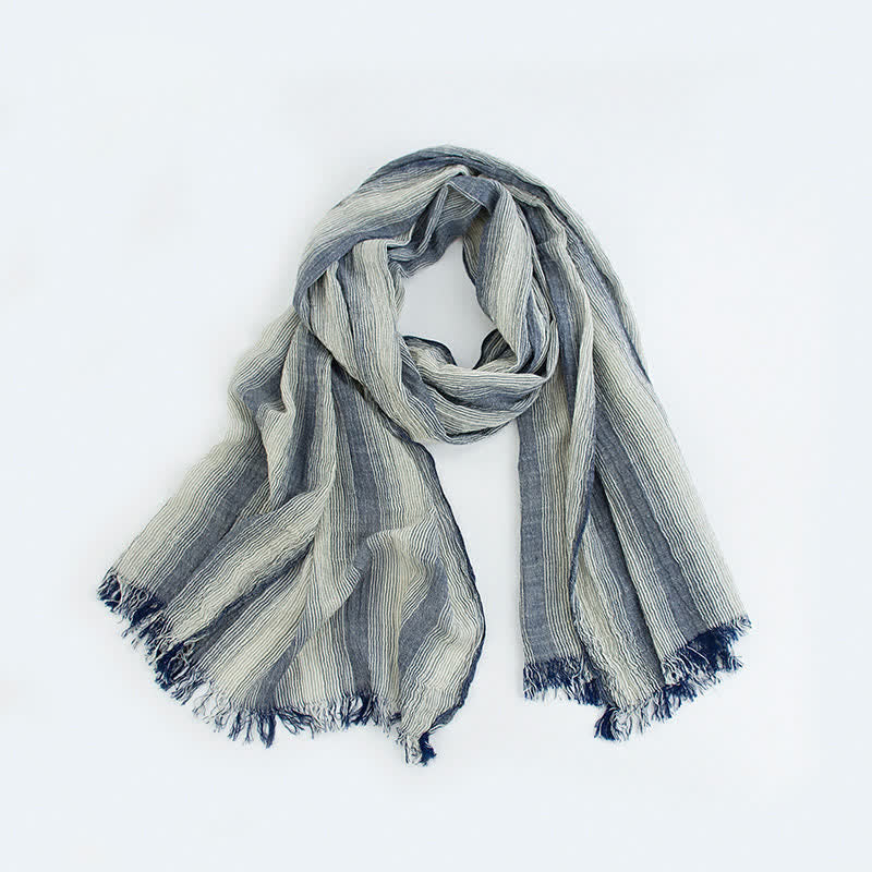Pleated Vertical Stripes Two Tones Cotton Thin Scarf - Navy - image 4