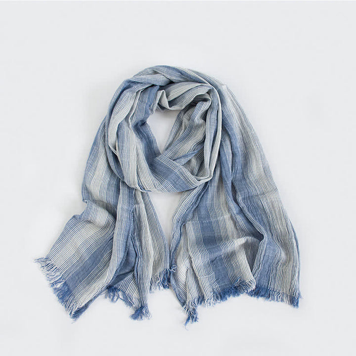 Pleated Vertical Stripes Two Tones Cotton Thin Scarf - Blue - image 6