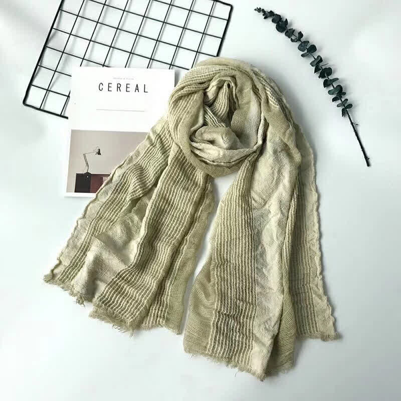 Short Fringe Vertical Stripes Wrinkles Lightweight Thin Scarf - Khaki - image 5