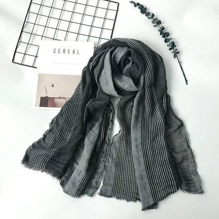 Short Fringe Vertical Stripes Wrinkles Lightweight Thin Scarf - Black - image 4