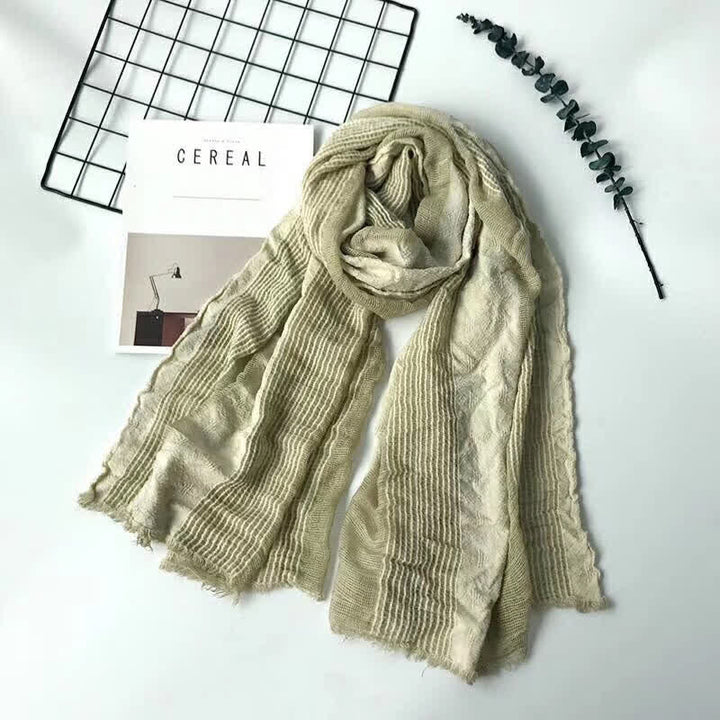 Short Fringe Vertical Stripes Wrinkles Lightweight Thin Scarf - Khaki - image 5