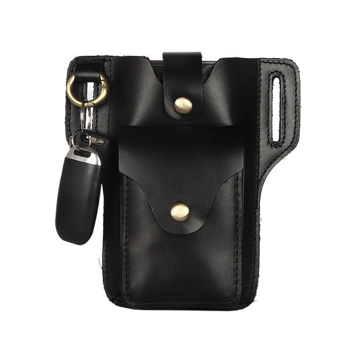 Vintage Cell Phone Holder Leather Hanging Waist Belt Bag with Keychain - Black - image 5