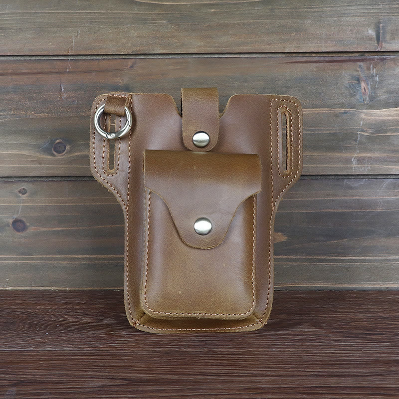 Vintage Cell Phone Holder Leather Hanging Waist Belt Bag with Keychain - DarkGoldenrod - image 6
