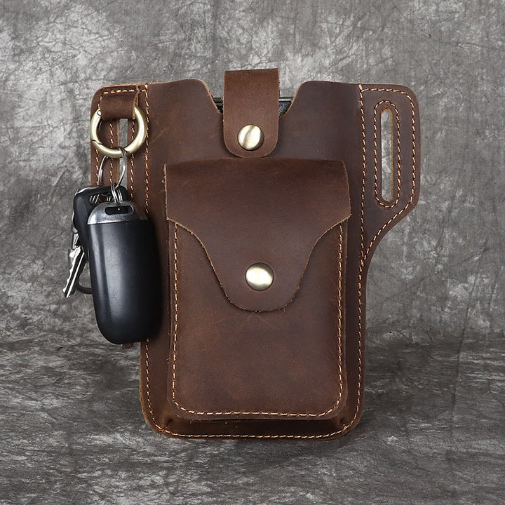 Vintage Cell Phone Holder Leather Hanging Waist Belt Bag with Keychain - Brown - image 0