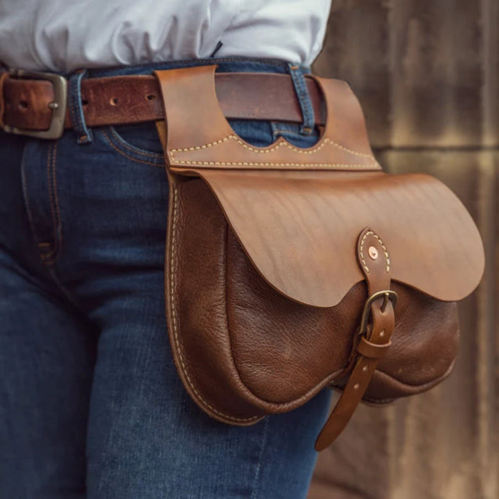 Rugged Viking Style Leather Hanging Waist Buckled Belt Bag - Brown - image 0