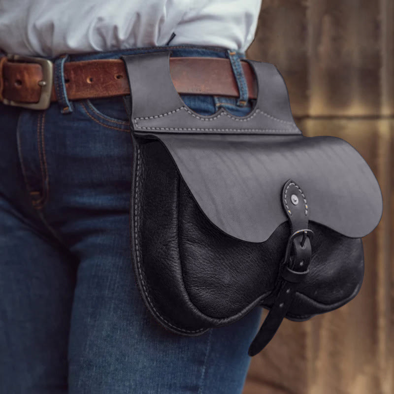 Rugged Viking Style Leather Hanging Waist Buckled Belt Bag - Black - image 3