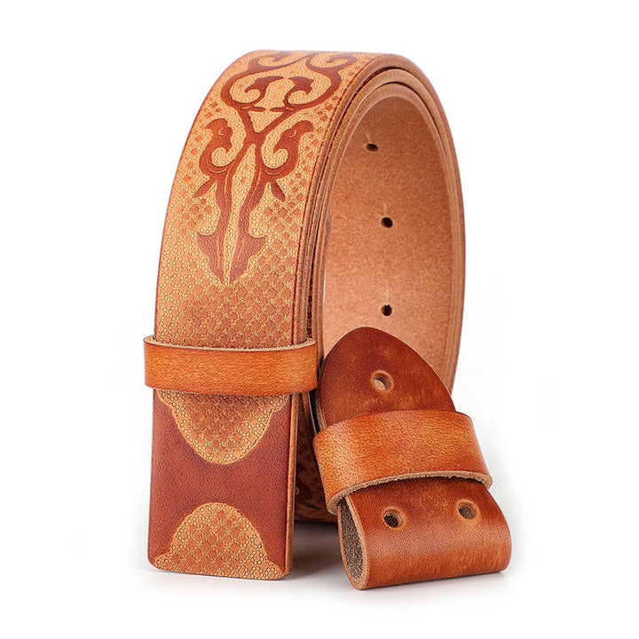 Men's DIY Ethnic Style Carved Pattern Leather Belt - Orange - 46 - image 5