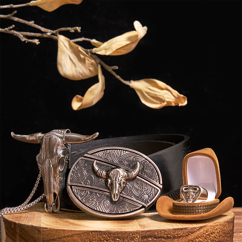 Longhorn Bull DIY Hidden Knife Belt Buckle Pendant Ring Bundle Set - Silver - Black Embossed Eagle Belt - 42 - image 15