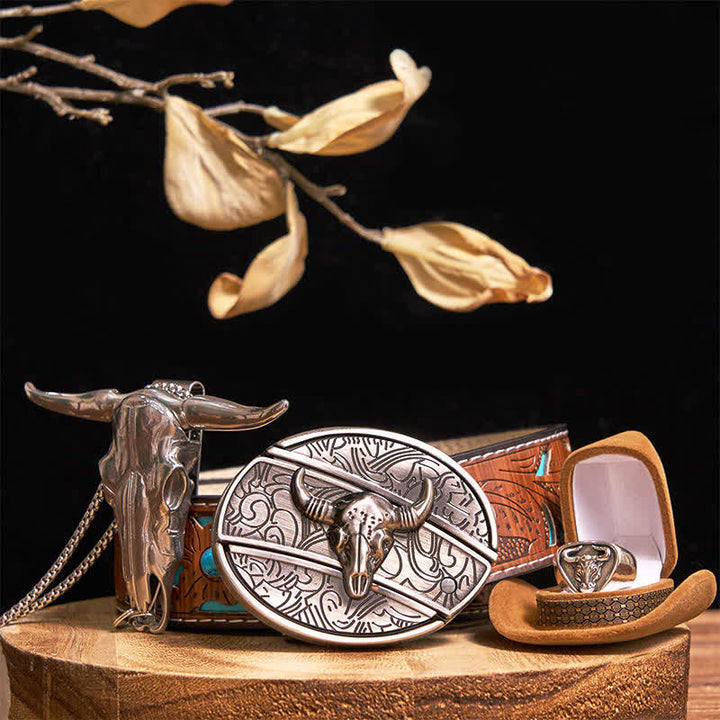 Longhorn Bull DIY Hidden Knife Belt Buckle Pendant Ring Bundle Set - Silver - Turquoise Carved Belt - 42 - image 14