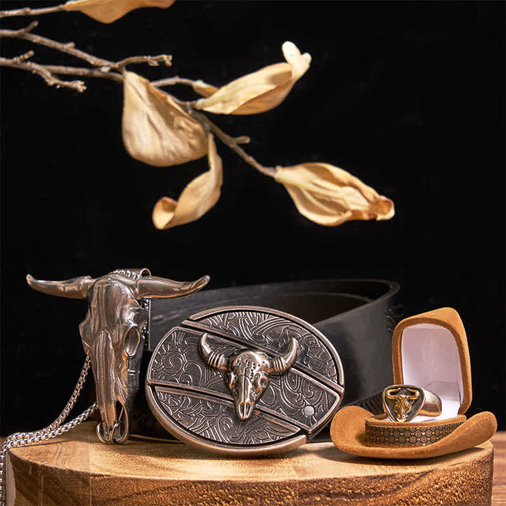 Longhorn Bull DIY Hidden Knife Belt Buckle Pendant Ring Bundle Set - Gold - Black Embossed Eagle Belt - 42 - image 10