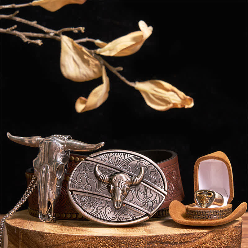 Longhorn Bull DIY Hidden Knife Belt Buckle Pendant Ring Bundle Set - Gold - Brown Rivet Belt - 42 - image 11