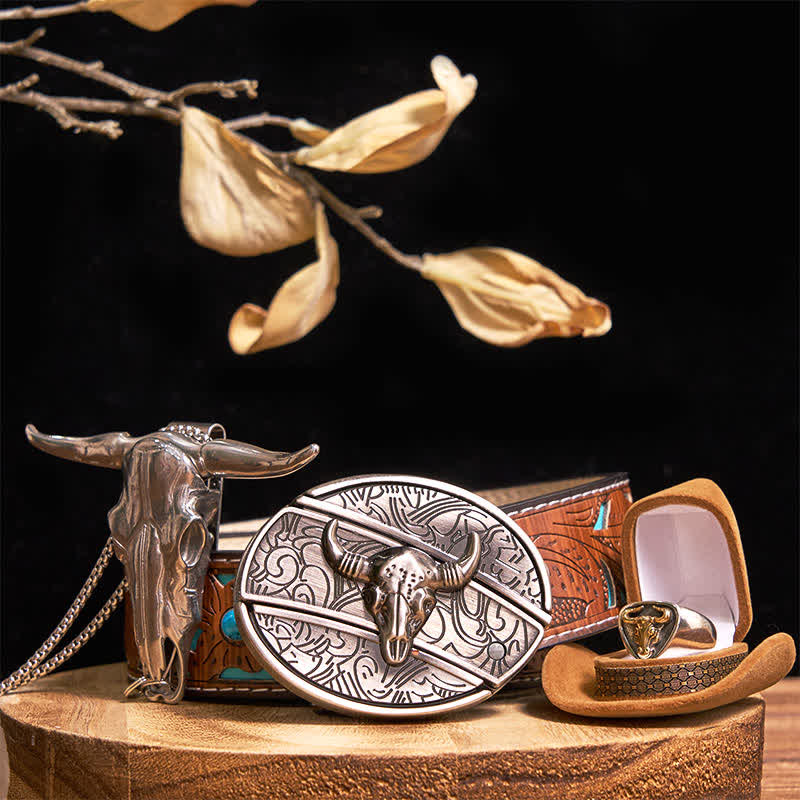 Longhorn Bull DIY Hidden Knife Belt Buckle Pendant Ring Bundle Set - Gold - Turquoise Carved Belt - 42 - image 9