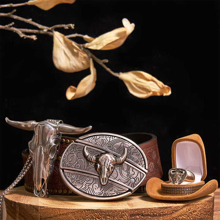 Longhorn Bull DIY Hidden Knife Belt Buckle Pendant Ring Bundle Set - Silver - Brown Rivet Belt - 42 - image 16