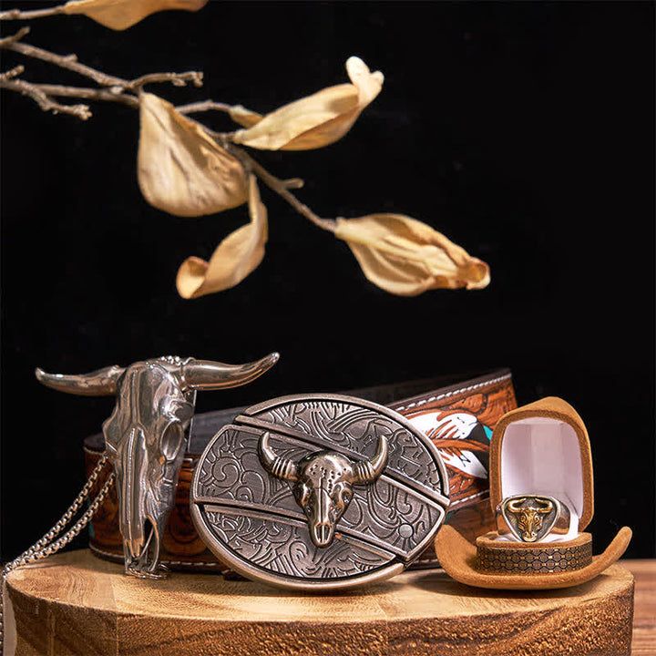 Longhorn Bull DIY Hidden Knife Belt Buckle Pendant Ring Bundle Set - Gold - Brown Feather Belt - 42 - image 12