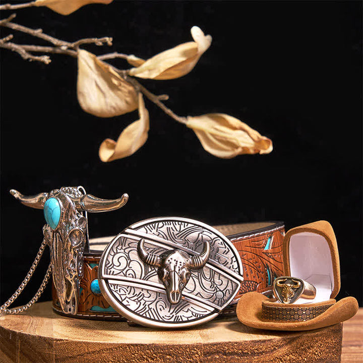 Turquoise Longhorn Bull DIY Hidden Knife Belt Buckle Pendant Ring Bundle Set - Gold - Turquoise Carved Belt - 42 - image 10