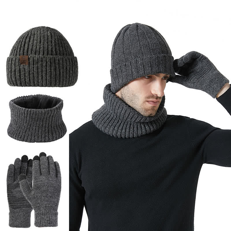 3Pcs Unisex Solid Color Hat Neck Warmer Gloves Set - Gray - Adjustable (22"-23 1/4") - image 10