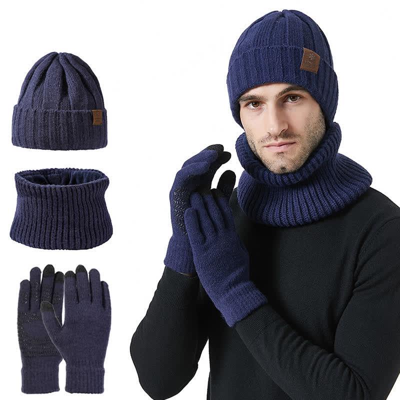 3Pcs Unisex Solid Color Hat Neck Warmer Gloves Set - Navy - Adjustable (22"-23 1/4") - image 7