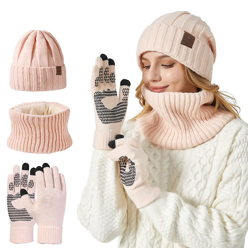 3Pcs Unisex Solid Color Hat Neck Warmer Gloves Set - Pink - Adjustable (22"-23 1/4") - image 2