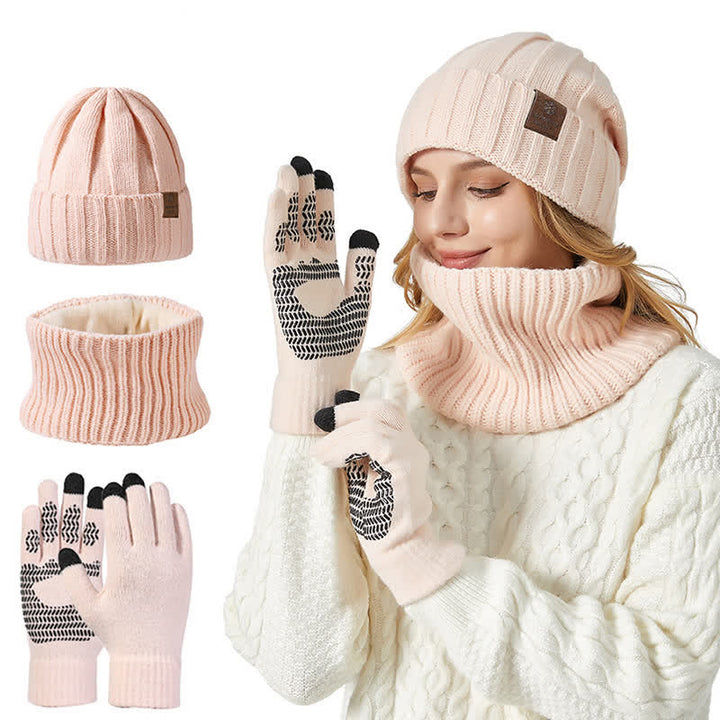 3Pcs Unisex Solid Color Hat Neck Warmer Gloves Set - Pink - Adjustable (22"-23 1/4") - image 2