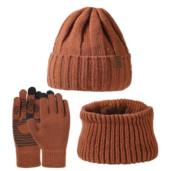 3Pcs Unisex Solid Color Hat Neck Warmer Gloves Set - Caramel - Adjustable (22"-23 1/4") - image 0