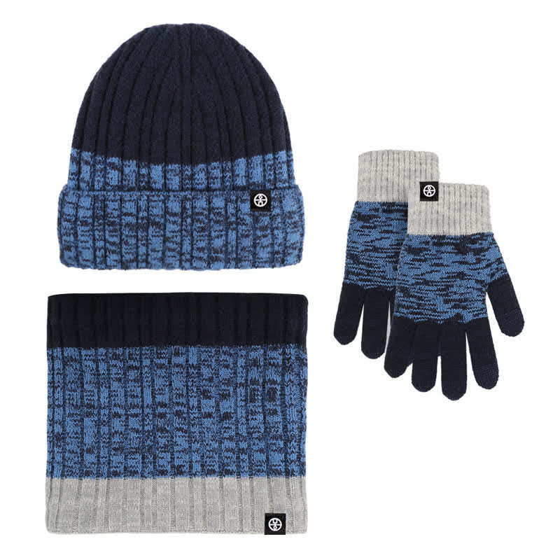 3Pcs Unisex Gradient Color Matching Hat Neck Warmer Gloves Set - Navy - Adjustable (21 1/4"-22 7/8") - image 2
