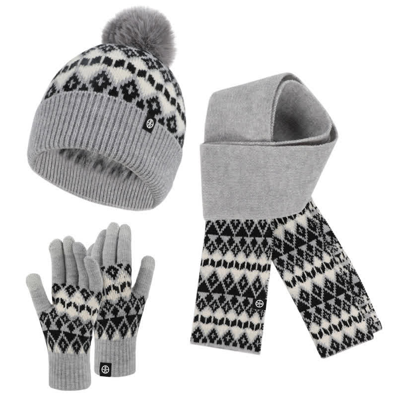 3Pcs Unisex Comfort Diamond Pattern Knitted Hat Scarf Gloves Set - Gray - Adjustable (21 1/4"-22 7/8") - image 0