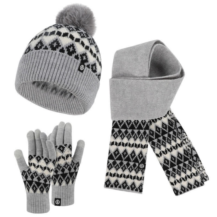 3Pcs Unisex Comfort Diamond Pattern Knitted Hat Scarf Gloves Set - Gray - Adjustable (21 1/4"-22 7/8") - image 0