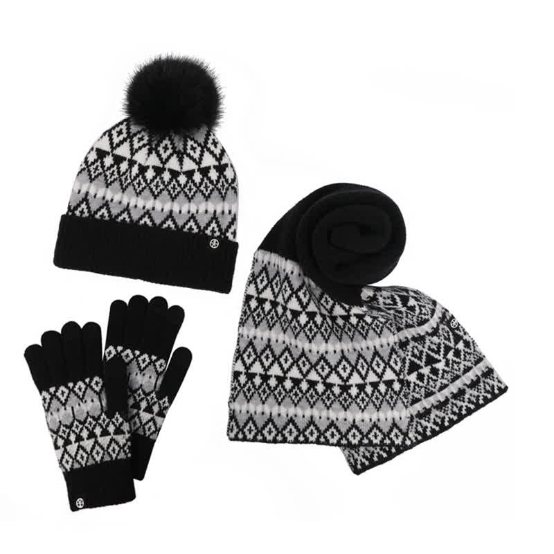 3Pcs Unisex Comfort Diamond Pattern Knitted Hat Scarf Gloves Set - image 13
