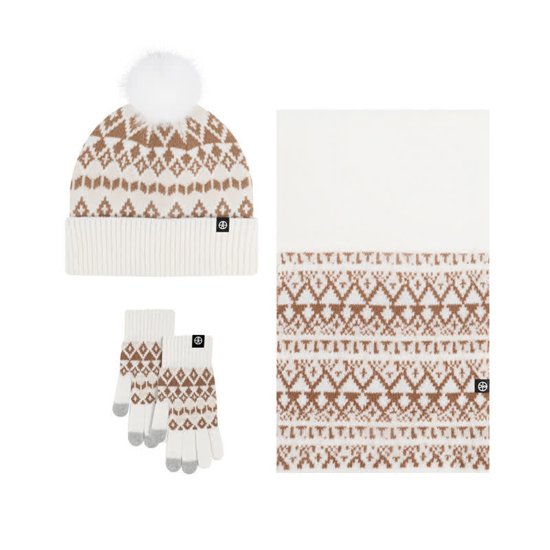 3Pcs Unisex Comfort Diamond Pattern Knitted Hat Scarf Gloves Set - White - Adjustable (21 1/4"-22 7/8") - image 15