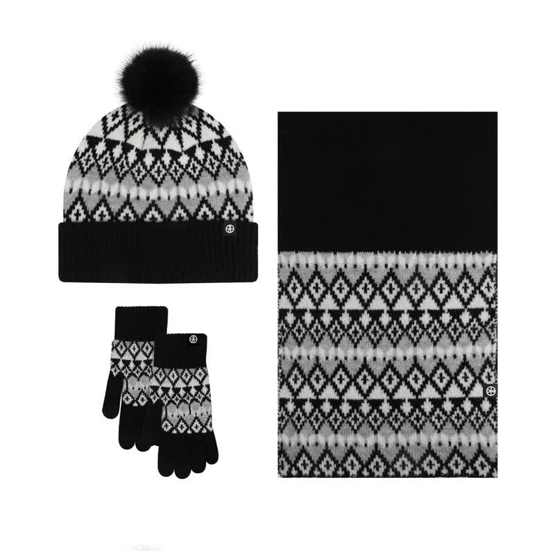 3Pcs Unisex Comfort Diamond Pattern Knitted Hat Scarf Gloves Set - Black - Adjustable (21 1/4"-22 7/8") - image 12