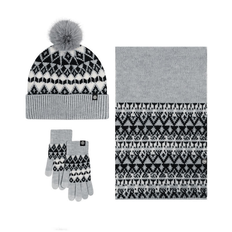 3Pcs Unisex Comfort Diamond Pattern Knitted Hat Scarf Gloves Set - image 2