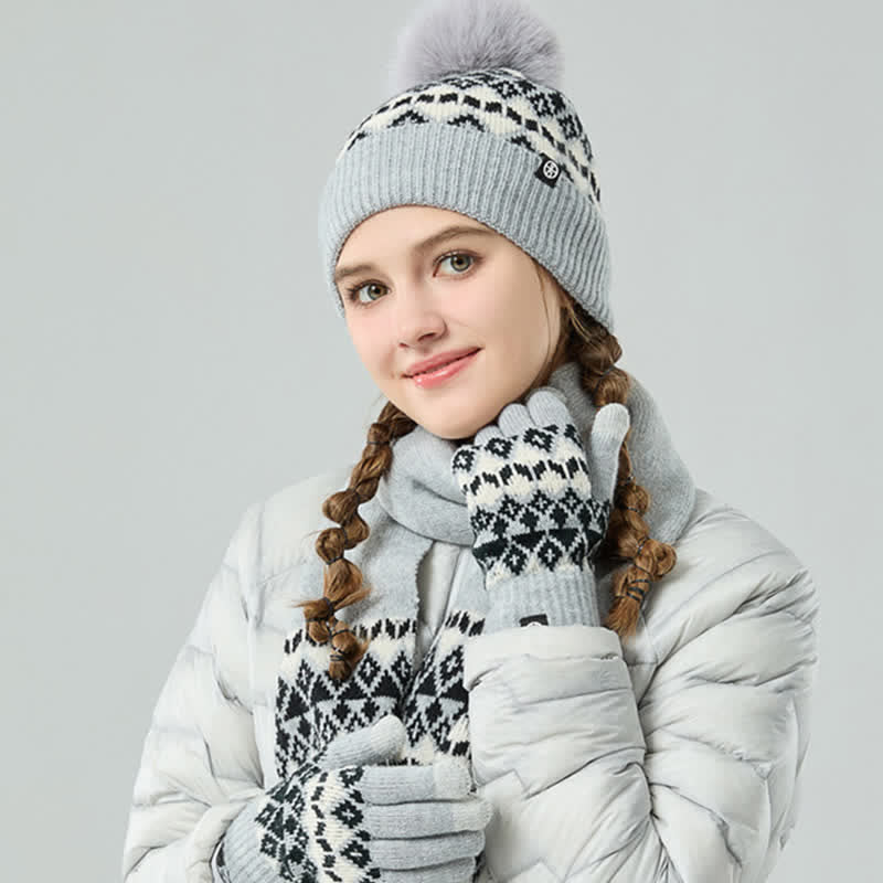 3Pcs Unisex Comfort Diamond Pattern Knitted Hat Scarf Gloves Set - image 1