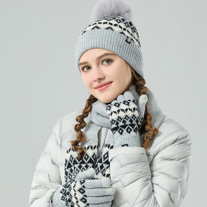 3Pcs Unisex Comfort Diamond Pattern Knitted Hat Scarf Gloves Set - image 1