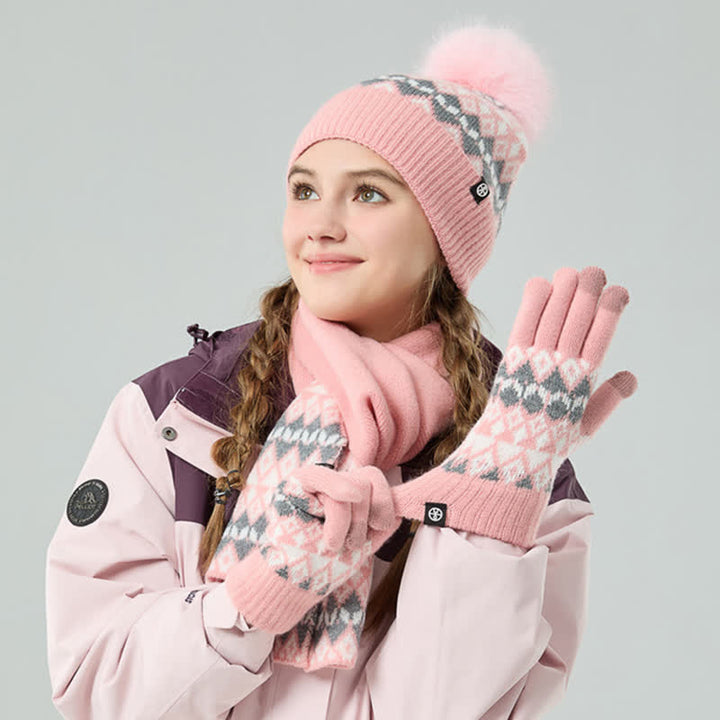 3Pcs Unisex Comfort Diamond Pattern Knitted Hat Scarf Gloves Set - image 9